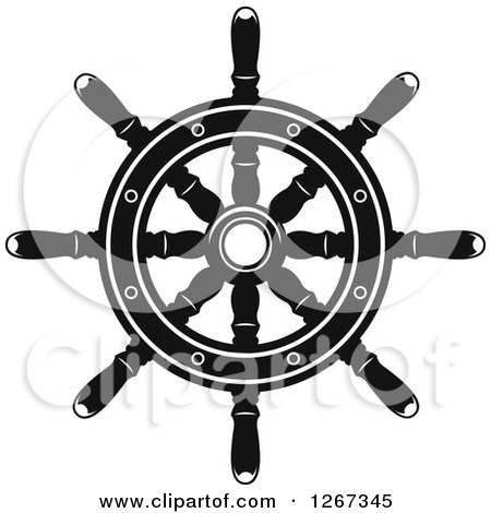 Clipart of a Black and White Nautical Ship Helm Steering Wheel 3 - Royalty Free Vector Illustration by Vector Tradition SM