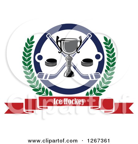 Clipart of a Trophy with Crossed Hockey Sticks and Pucks in a Circle and Laurel Wreath over a Text Banner - Royalty Free Vector Illustration by Vector Tradition SM