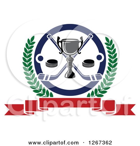 Clipart of a Trophy with Crossed Hockey Sticks and Pucks in a Circle and Laurel Wreath over a Blank Banner - Royalty Free Vector Illustration by Vector Tradition SM