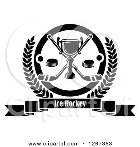 Clipart of a Black and White Trophy with Crossed Hockey Sticks and Pucks in a Circle and Laurel Wreath over a Text Banner - Royalty Free Vector Illustration by Vector Tradition SM