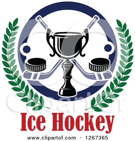 Clipart of a Trophy over Crossed Hockey Sticks with Pucks in a Circle and Laurel Wreath over Text - Royalty Free Vector Illustration by Vector Tradition SM