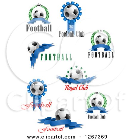 Clipart of 3d Soccer Balls and Blue Ribbons - Royalty Free Vector Illustration by Vector Tradition SM