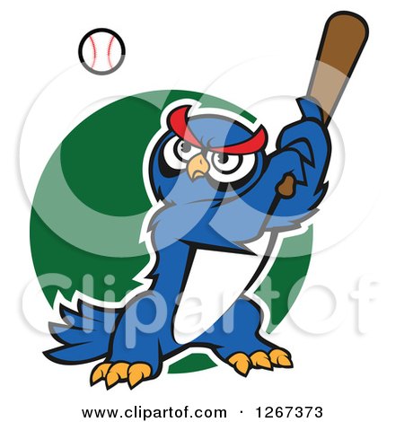 Clipart of a Cartoon Blue Owl Baseball Player Batting over a Green Circle - Royalty Free Vector Illustration by Vector Tradition SM