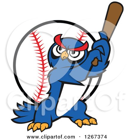 Clipart of a Cartoon Blue Owl Baseball Player Batting over a Ball - Royalty Free Vector Illustration by Vector Tradition SM
