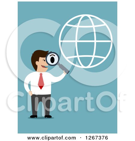 Clipart of a Businessman Using a Magnifying Glass on a Wire Globe over Blue - Royalty Free Vector Illustration by Vector Tradition SM