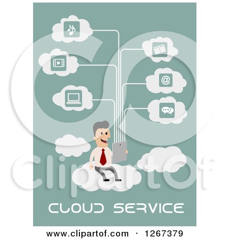 Clipart of a Businessman Cloud Computing over Green with Text - Royalty Free Vector Illustration by Vector Tradition SM
