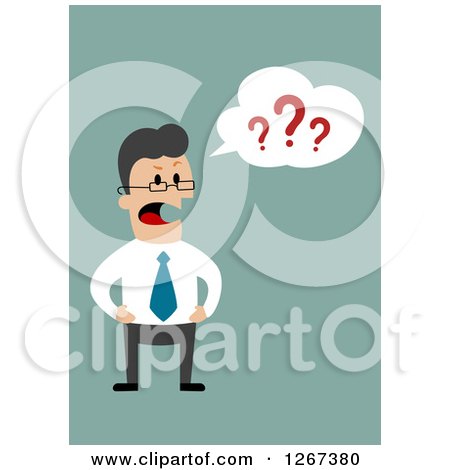 Clipart of a Mad Boss Shouting and Asking Questions over Green - Royalty Free Vector Illustration by Vector Tradition SM