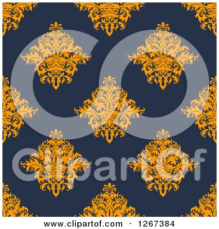 Clipart of a Seamless Pattern Background of Vintage Orange Floral Damask on Navy Blue - Royalty Free Vector Illustration by Vector Tradition SM