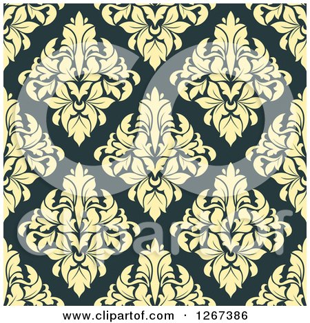 Clipart of a Seamless Pattern Background of Vintage Yellow Floral Damask on Teal - Royalty Free Vector Illustration by Vector Tradition SM