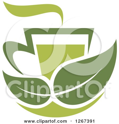 Clipart of a Two Toned Steamy Hot Green Tea Cup and Green Leaves - Royalty Free Vector Illustration by Vector Tradition SM