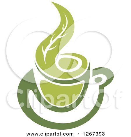Clipart of a Two Toned Hot Green Tea Cup and Steam Leaf - Royalty Free Vector Illustration by Vector Tradition SM