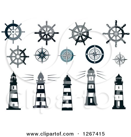 Clipart of Nautical Lighthouses Compass Roses and Steering Wheel Helms - Royalty Free Vector Illustration by Vector Tradition SM