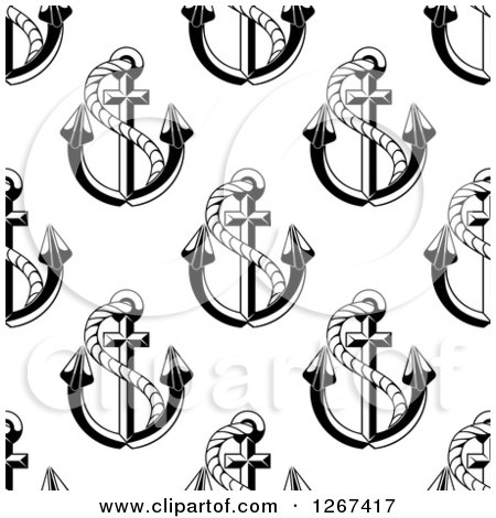 Clipart of a Seamless Black and White Pattern of Anchors and Ropes - Royalty Free Vector Illustration by Vector Tradition SM