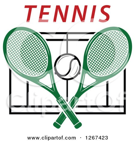 Clipart of a Ball and Crossed Green Tennis Rackets over a Court with Red Text - Royalty Free Vector Illustration by Vector Tradition SM