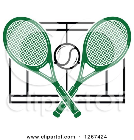 Clipart of a Ball and Crossed Green Tennis Rackets over a Court - Royalty Free Vector Illustration by Vector Tradition SM