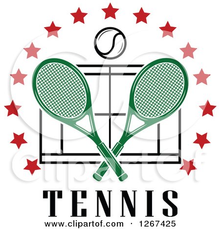 Clipart of a Ball and Crossed Green Tennis Rackets over a Court with Red Stars and Text - Royalty Free Vector Illustration by Vector Tradition SM