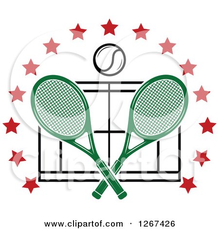 Clipart of a Ball over Crossed Green Tennis Rackets and a Court in a Ring of Red Stars - Royalty Free Vector Illustration by Vector Tradition SM
