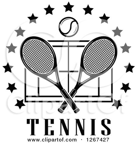 Clipart of a Black and White Ball over Crossed Tennis Rackets and a Court in a Ring of Stars with Text - Royalty Free Vector Illustration by Vector Tradition SM