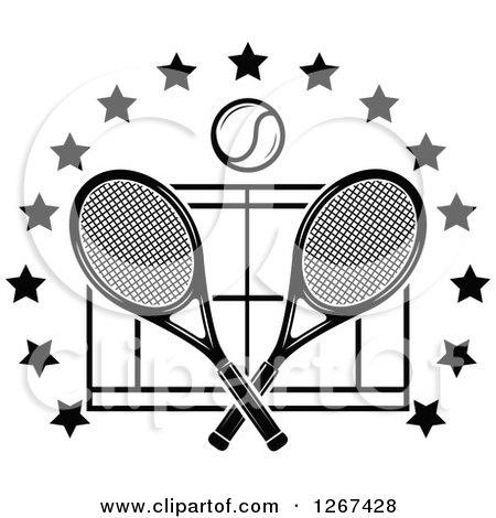 Clipart of a Black and White Ball over Crossed Tennis Rackets and a Court in a Ring of Stars - Royalty Free Vector Illustration by Vector Tradition SM