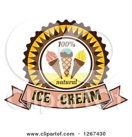 Clipart of a Yellow and Brown Ice Cream Cone Badge with a Text Banner - Royalty Free Vector Illustration by Vector Tradition SM