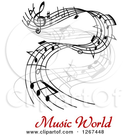 Clipart of Grayscale Flowing Notes over Red Music World Text - Royalty Free Vector Illustration by Vector Tradition SM