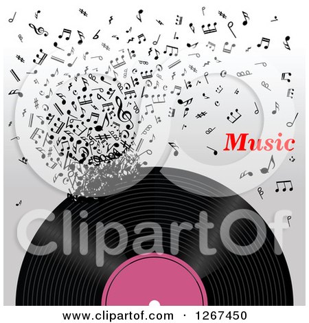 Clipart of a Vinyl Record Decomposing into Notes with Music Text - Royalty Free Vector Illustration by Vector Tradition SM
