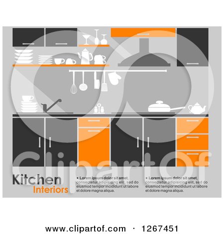 Clipart of a Gray Orange and Black Kitchen Interior with Sample Text - Royalty Free Vector Illustration by Vector Tradition SM