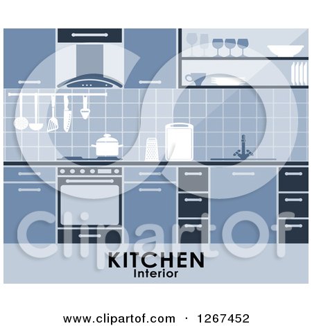 Clipart of a Blue Kitchen Interior with Text - Royalty Free Vector Illustration by Vector Tradition SM