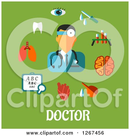 Clipart of a Male Doctor with Supplies and Organs over Text on Green - Royalty Free Vector Illustration by Vector Tradition SM
