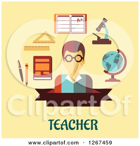 Clipart of a Male Teacher with School Accessories and Text on Yellow - Royalty Free Vector Illustration by Vector Tradition SM