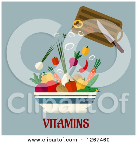 Clipart of a Knife and Cutting Board Dropping Chopped Veggies into a Bowl over Vitamins Text on Gray - Royalty Free Vector Illustration by Vector Tradition SM