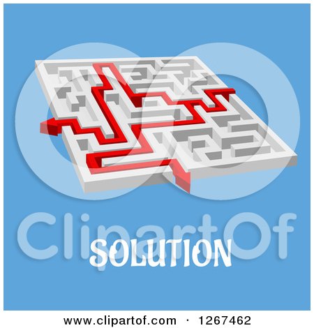 Clipart of a Labyrinth Puzzle with a Red Arrow over Solution Text on Blue - Royalty Free Vector Illustration by Vector Tradition SM