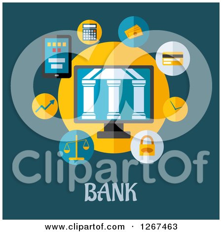 Clipart of a Central Bank Building in a Circle of Icons over Text on Teal - Royalty Free Vector Illustration by Vector Tradition SM