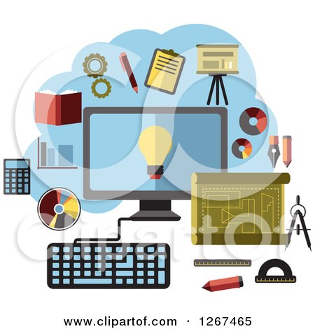 Clipart of a Online Business Ideas Around a Desktop Computer - Royalty Free Vector Illustration by Vector Tradition SM
