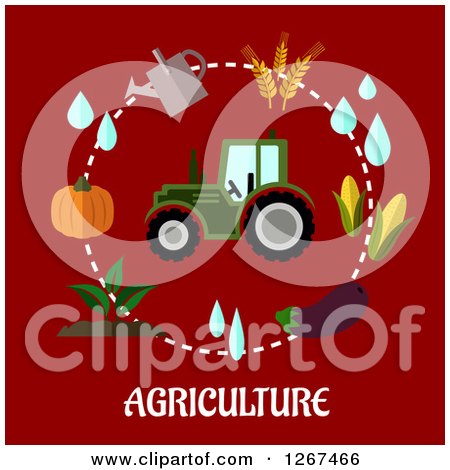 Clipart of a Tractor in a Circle of Farming Items over Agriculture Text on Red - Royalty Free Vector Illustration by Vector Tradition SM
