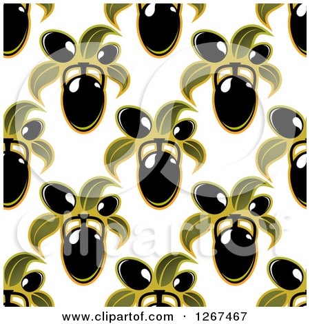 Clipart of a Seamless Background Pattern of Black Olives and Green Leaves - Royalty Free Vector Illustration by Vector Tradition SM