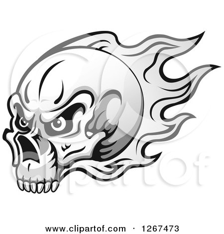 Clipart of a Grayscale Human Skull with Flames - Royalty Free Vector Illustration by Vector Tradition SM