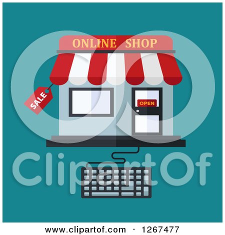 Clipart of an Online Shop Connected to a Computer Keyboard over Teal - Royalty Free Vector Illustration by Vector Tradition SM
