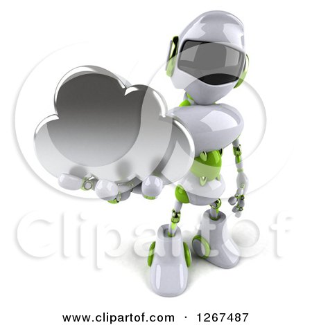 Clipart of a 3d White and Green Robot Holding up a Cloud - Royalty Free Illustration by Julos