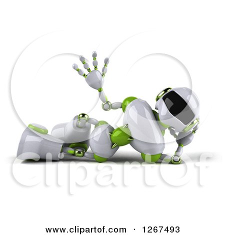 Clipart of a 3d White and Green Robot Resting on His Side and Waving - Royalty Free Illustration by Julos