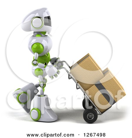 Clipart of a 3d White and Green Robot Moving Boxes on a Dolly - Royalty Free Illustration by Julos