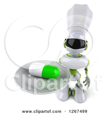 Clipart of a 3d White and Green Robot Holding up a Pill on a Platter - Royalty Free Illustration by Julos