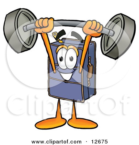 Clipart Picture of a Suitcase Cartoon Character Holding a Heavy Barbell Above His Head by Mascot Junction
