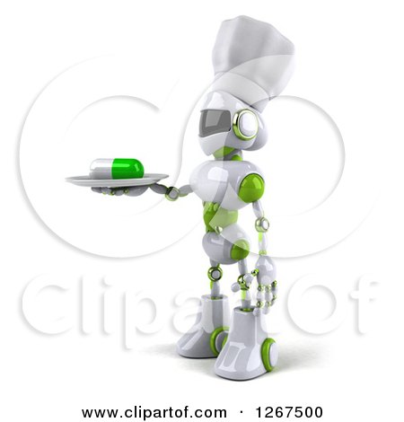 Clipart of a 3d White and Green Robot Serving a Pill on a Platter - Royalty Free Illustration by Julos