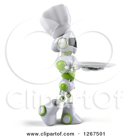Clipart of a 3d White and Green Robot Walking with a Plate - Royalty Free Illustration by Julos