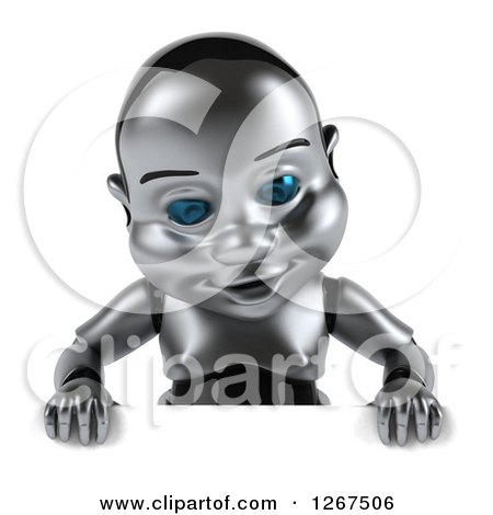 Clipart of a 3d Metal Baby Robot Looking down over a Sign - Royalty Free Illustration by Julos