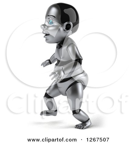 Clipart of a 3d Metal Baby Robot Walking to the Left - Royalty Free Illustration by Julos