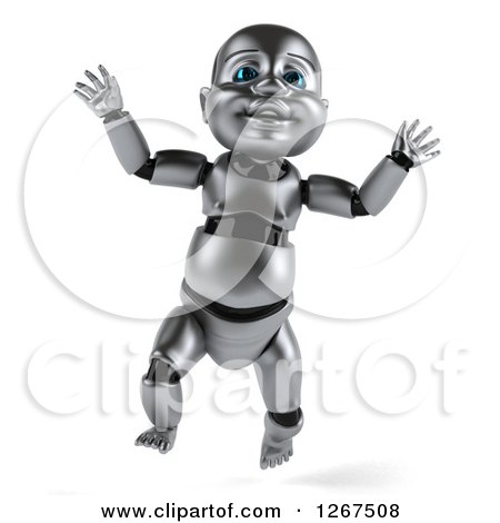 Clipart of a 3d Metal Baby Robot Jumping - Royalty Free Illustration by Julos