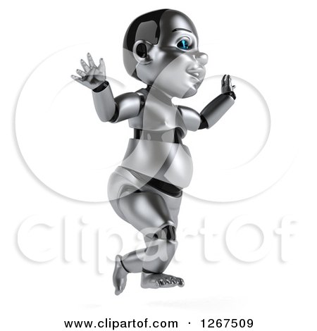 Clipart of a 3d Metal Baby Robot Jumping and Facing Right - Royalty Free Illustration by Julos