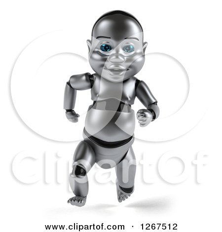 Clipart of a 3d Metal Baby Robot Running Forward - Royalty Free Illustration by Julos
